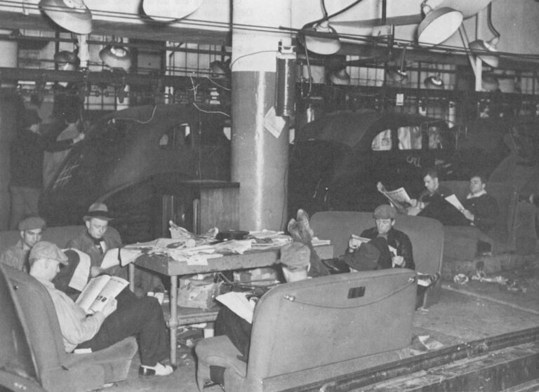 Auto workers sitting on car seats inside a GM factory in Flint during 1937 UAW sit-down strike. THE ARCHIVES OF LABOR AND URBAN AFFAIRS, WAYNE STATE UNIVERSITY