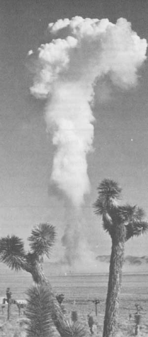 A mushroom cloud rises from the desert floor at the Nevada Test Site. The nuclear test, named DeBaca, was a balloon burst fired in October 1958. Since July 1962, all Nevada Test Site weapons tests have been underground.