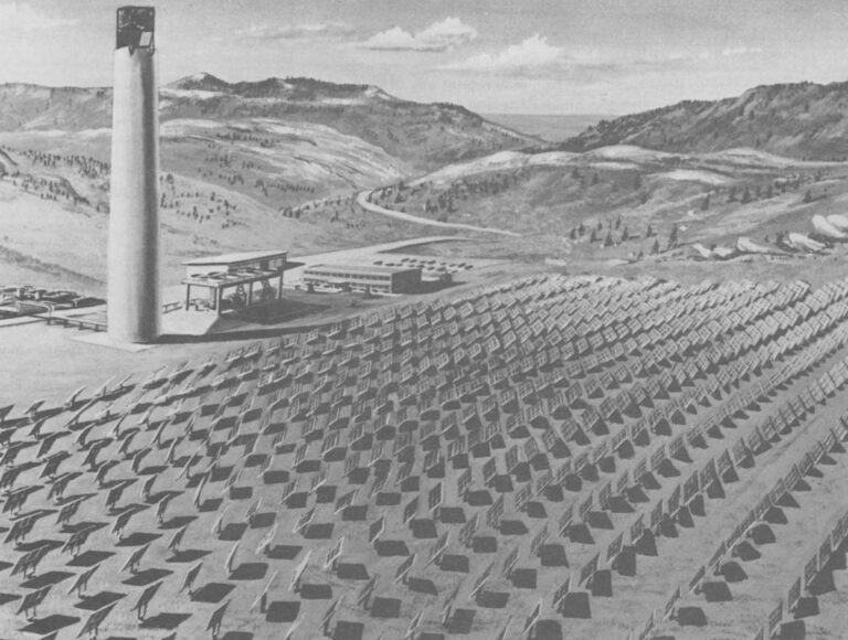 An artists's concept of the world's first solar electric power plant depicts a "power tower" amid a field of mirrors or "heliostats." Courtesy of Martin Marietta Corp.
