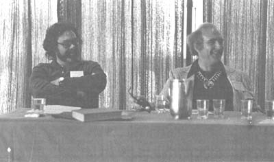 David Begelman, left, and John Marquis, right, at the AABT panel on "Homosexuality and the Ethics of Behavioral Intervention." Begelman is a professor at Kirkland College in New York; Marquis, the moderator, is in private practice.