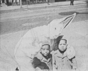 In 1947, her great, great grandsons pose with an Easter Bunny on the streets of Washington, D.C. (Left, Jason, Right, Danny Parker).