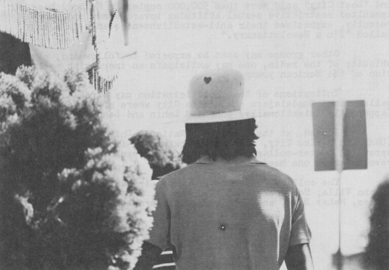 Mexican youth, heart upon his sombrero, strolls down a street in Tepotzlan. According to Aceves, "After Tlatelolco, everyone dropped-out."
