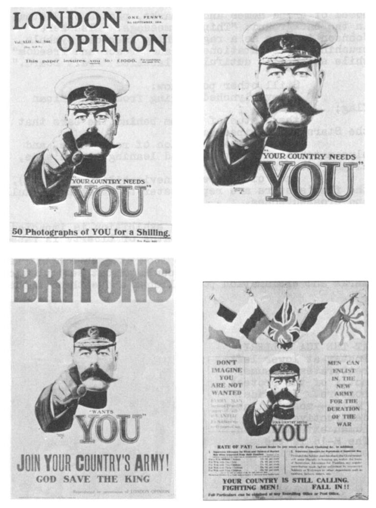 The metamorphosis of a poster. The original magazine cover was created by Alfred Leete and depicts Britain’s Lord Kitchener.