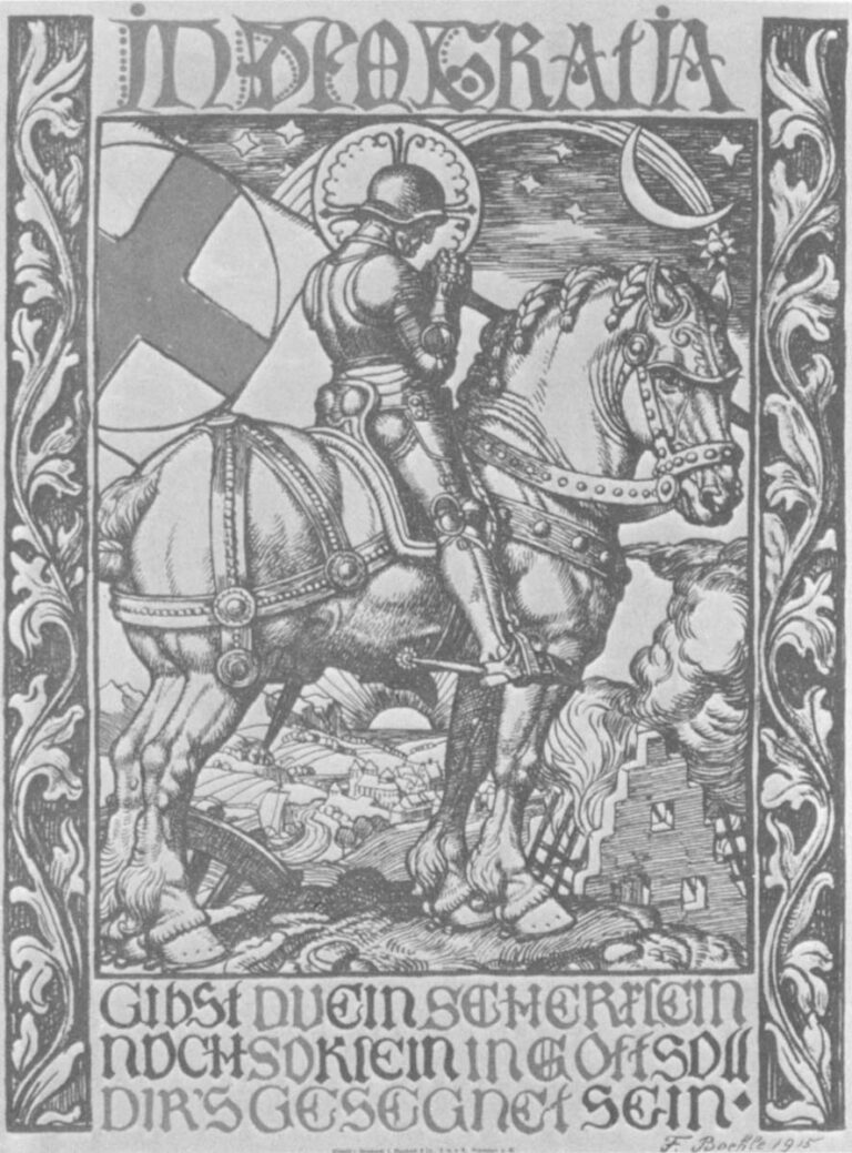 German world war I poster by Fritz Boehle (after a Durer woodcut) appealing for war loans: "Thanks be to God./givst thou a mite/ be it ne’er so small/thou shalt be blessed by God."