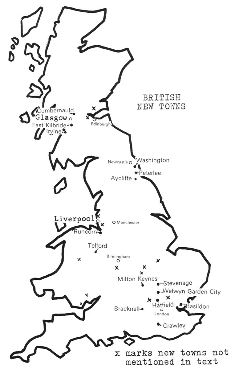 British New Towns x marks new towns not mentioned in text.