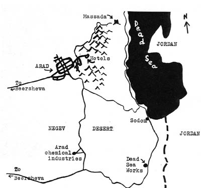 Map shows Arad almost alone in Negev Desert. The hotel resort area is on a high point overlooking the Dead Sea, and near the road to the first-century mountaintop ruins at Massada.