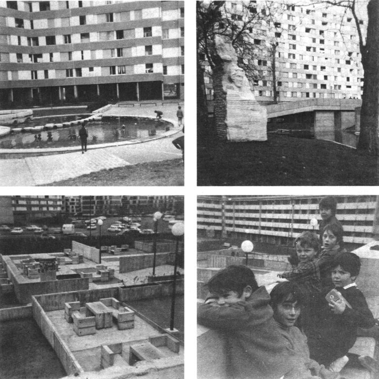 Top Left and Right: A wading pool, statuary in a secluded spot. Bottom Left: People-proof picnic nooks sculpted of concrete on lower level Bottom Right: Boys pausing in their play on an upper level of dalle overlooking weather