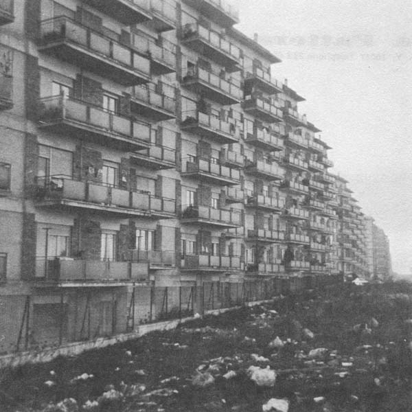 Typical scenes (left and on facing page) of inhuman scale, architectural monotony, neglected open space and traffic in Rome's suburbs.