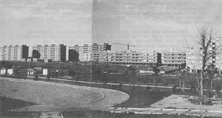 SPINACETO: an imaginative land-use plan with playgrounds and parkland, unusual for both Italian public housing and Rome's suburbs; but poor economic planning and monotonous architecture. Sheds on left edge of photo are serving as shops in a muddy field where a commercial center was to have been built. A vast sand area and running track are at lower left.