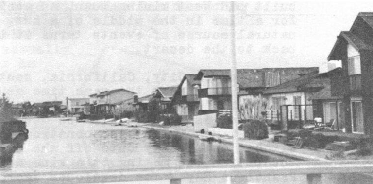 Attractive waterside homes at Foster City, California, "the island of blue lagoons." The houses are yet to be joined by planned industry, shopping and town center that were to be built long ago in this attractive but incomplete and financially ailing new town project.