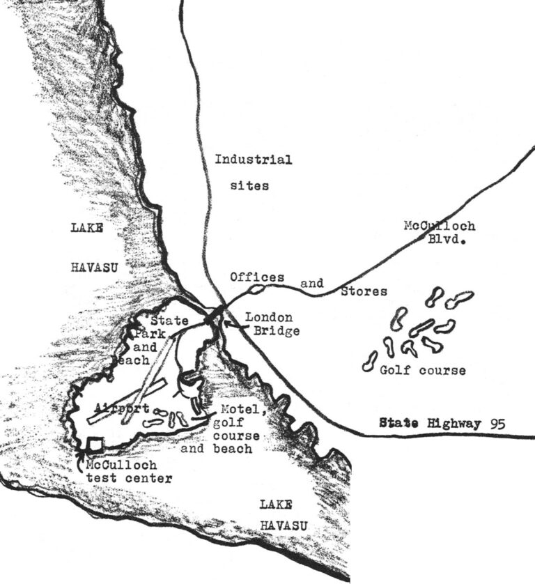 Lake Havasu City map: Except for concentrations of activities noted here, housing, stores and schools are scattered widely throughout the town site, which, as shown on map at right is all alone in Colorado River valley, surrounded by areas designated as state parks and national wilderness areas, Indian reservations, and mountains, all quite arid and barren.