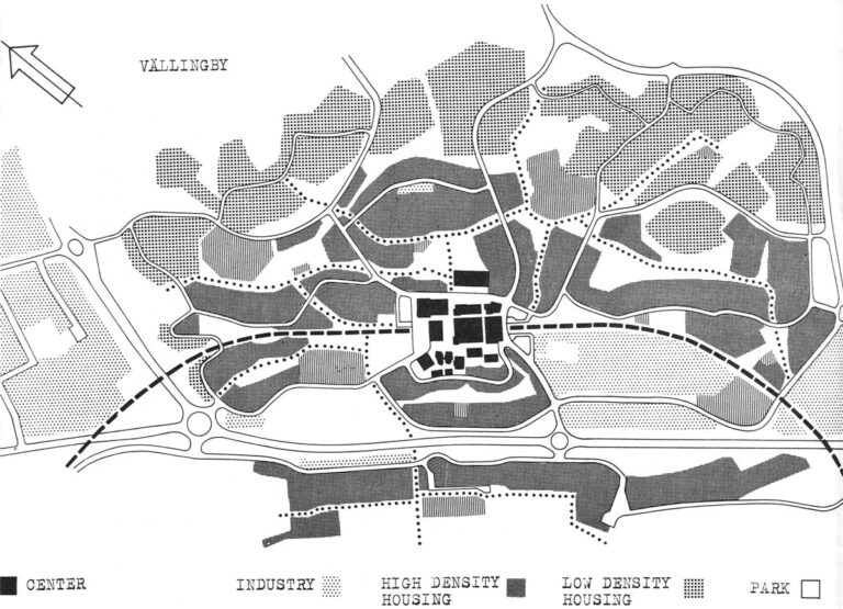A close-up plan of Vällingby center and surrounding housing and employment.