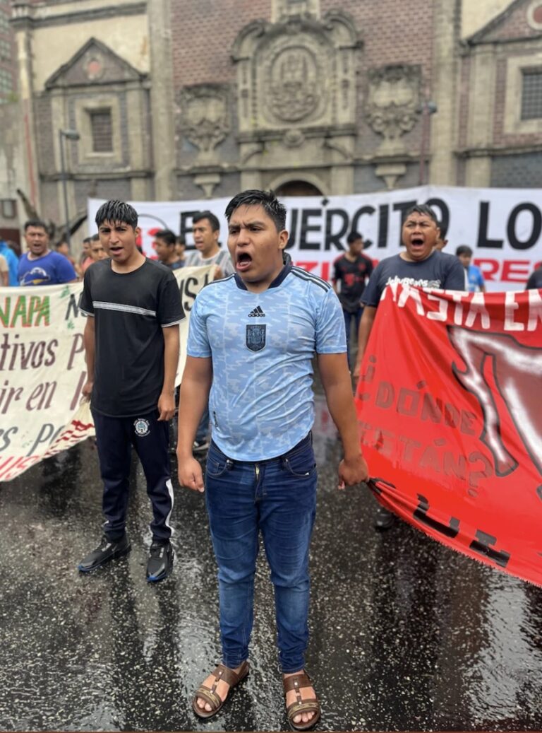 Students at Ayotzinapa Rural Teachers’ College during a protest in Mexico City in July demanding justice for 43 students who attended the college before disappearing in 2014. Oscar Lopez / Sun-Times