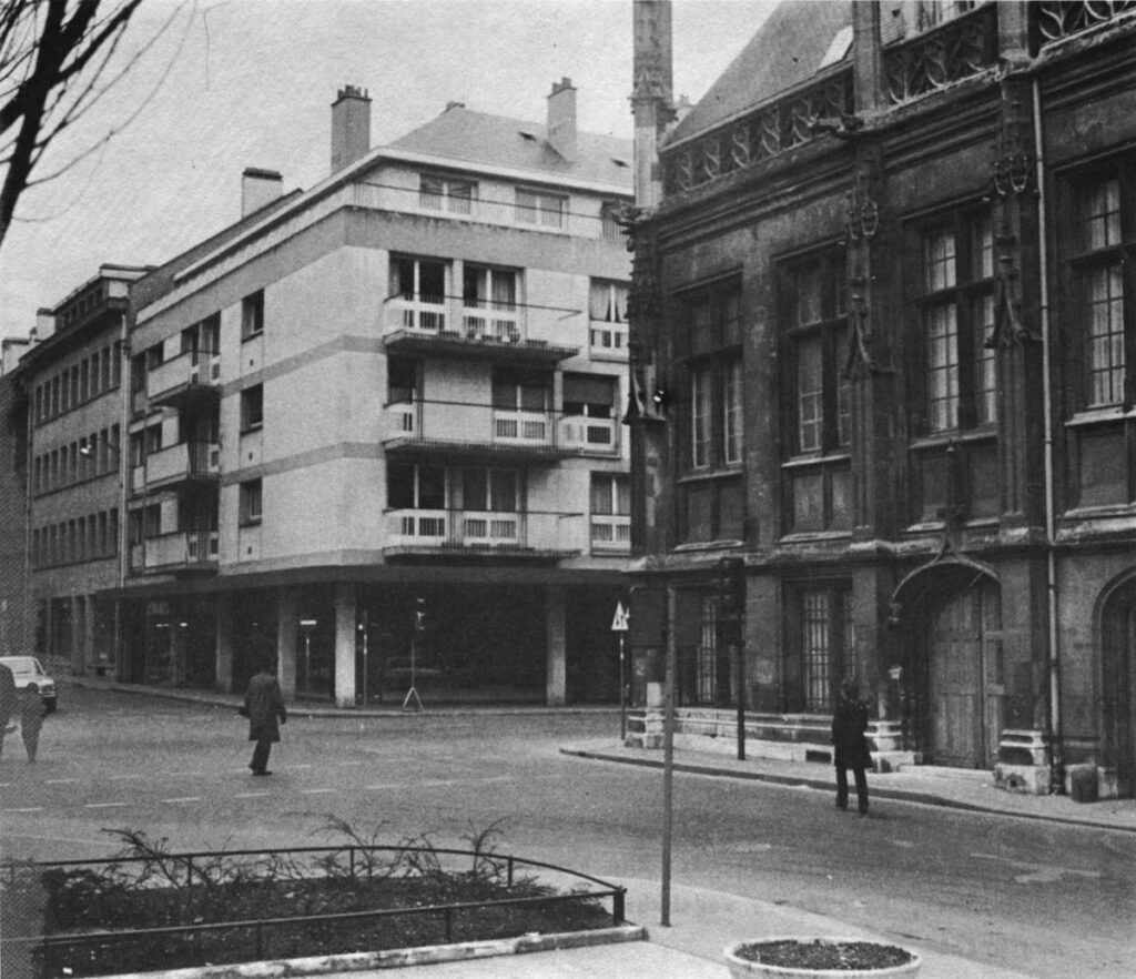 Rebuilding well in an old city does not mean putting up new buildings that look antique. This apartment block (left) looks fine next to the old Palais de Justice (right). Although the two buildings are as unlike in style as possible, they have the same relationship to the street, and the same overall mass. The variety of the scene is a continuation of the evolution of centuries. It is a happy compromise with the hideous expense of recreating the old, and it keeps the neighborhood lively and useful. Unfortunately, much of what distinguishes a city – its style – is not so easily classified historical and preserved.