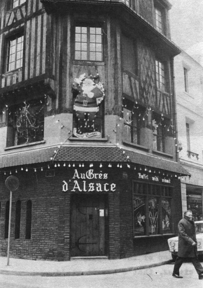 Below are two illustrations of a sort of Gresham's Law of architecture, demonstrating that the genuinely antique can look just as ersatz as the genuinely phony. Drugstore is a Champs-Elysees phenomenon now spreading across France. Almost everything is sold there, even a few drugs.