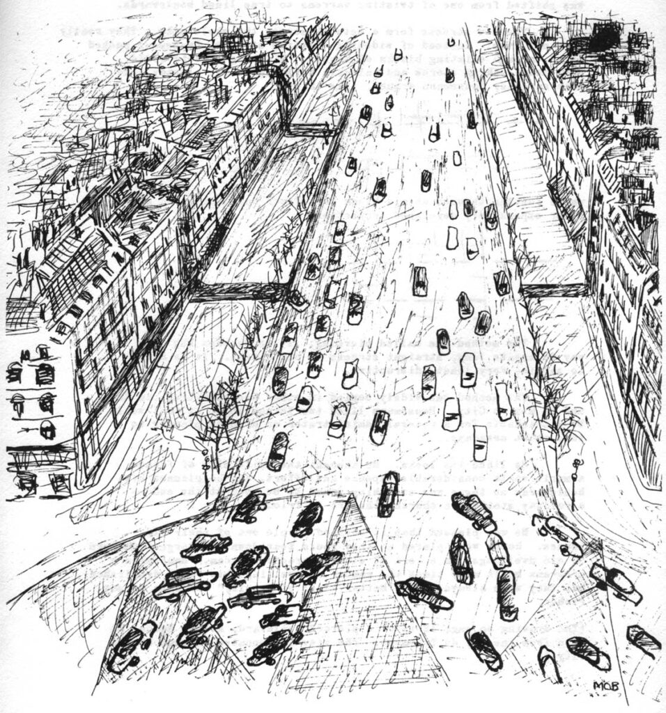 The drawing is of a pierced boulevard, Avenue Hoche, as seen from the Arc de Triomphe. The view is repeated throughout the city.)