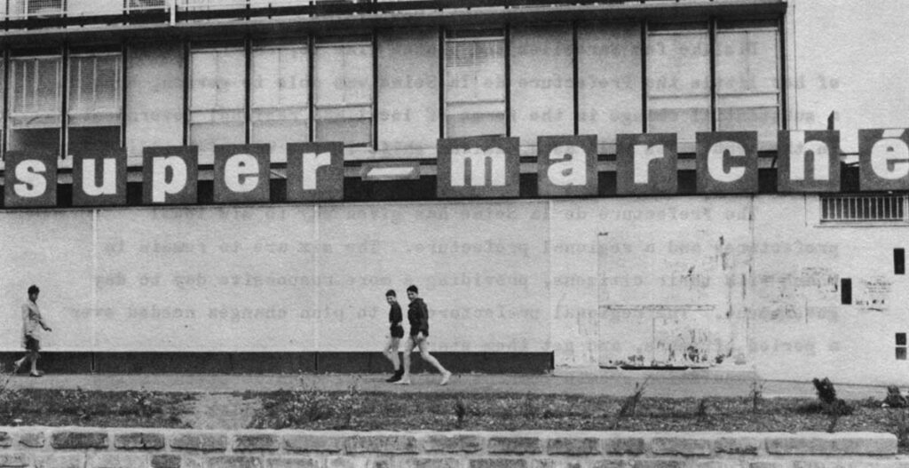 Two styles of marketing at Sarcelles. Both the new and the old seem heavily patronized. The super marche is a genuine supermarket, a rare thing in France until very recently.