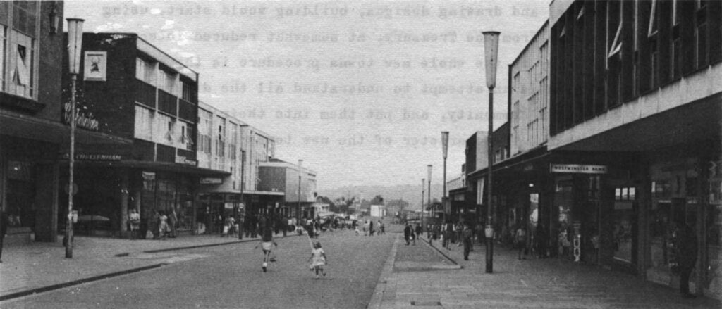 Even in new towns, where the master plan dominates, changes are necessary. In Bracknell (top) plans first called for traffic to run down Broadway, one of the two main shopping streets, as it always has in English towns. Before completion it became clear that cars were choking cities to death, and that the new towns were attracting shoppers from widely surrounding areas. Cars were halted, new plans drawn, and this empty street will one day be a shoppers' mall like the one on the cover. Hemel Hempstead (below) was built a few years sooner. It was too late to change plans there. Shoppers and cars compete for space on Marlowes, the main street.