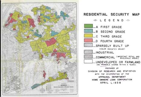 HOLC’s redlining map of Queens. Much of the borough is color-coded yellow, graded a “C” and deemed “definitely declining.” Much of St. Albans in Southeast Queens were yellow. Surrounding neighborhoods, including Laurelton and Sough Jamaica were colored red and deemed “hazardous.” Many times areas were redlined due to a high population of Black and/or immigrant residents as well as environmental factors such as if the area was low-lying land or near the railroad industry.