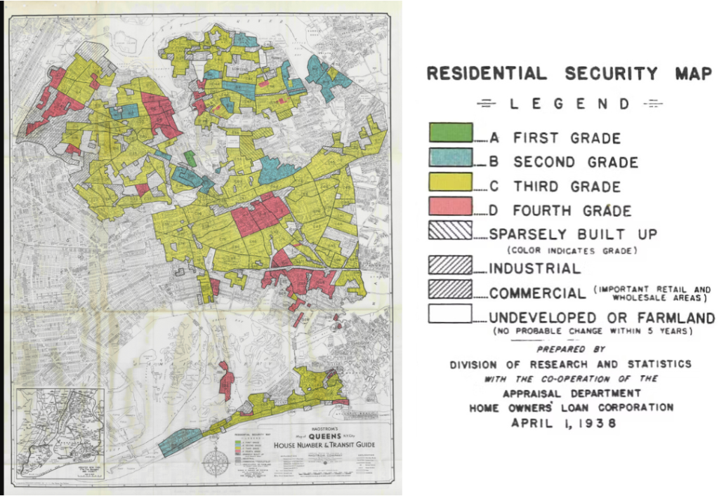 Redlining maps that indicate parts of Rosedale were deemed “declining.” Though a predominantly white neighborhood at the time, the maps outlined hazards including the area sitting in low land as well as a lack of sewers.