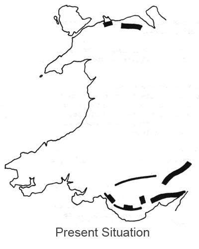 The two-edged case Plaid Cymru makes is graphically illustrated in a page from the economic plan. The map at top left shows that Wales lacks the wide, high-speed roads needed for industrial development and to link north and south. The other three show what Wales could do for itself. Heavy Line - National network roads to motorway or dual carriage-way standard. Thin Line - National network roads of minimum 24' widhth and distant visibility.