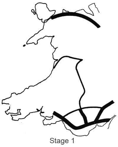 The two-edged case Plaid Cymru makes is graphically illustrated in a page from the economic plan. The map at top left shows that Wales lacks the wide, high-speed roads needed for industrial development and to link north and south. The other three show what Wales could do for itself. Heavy Line - National network roads to motorway or dual carriage-way standard. Thin Line - National network roads of minimum 24' widhth and distant visibility.