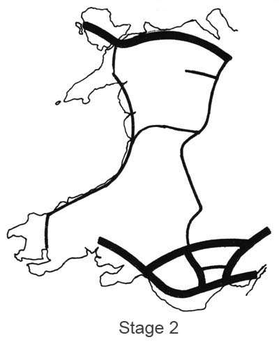 The two-edged case Plaid Cymru makes is graphically illustrated in a page from the economic plan. The map at top left shows that Wales lacks the wide, high-speed roads needed for industrial development and to link north and south. The other three show what Wales could do for itself. Heavy Line - National network roads to motorway or dual carriage-way standard. Thin Line - National network roads of minimum 24' widhth and distant visibility.