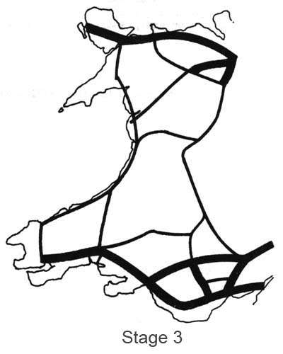 The two-edged case Plaid Cymru makes is graphically illustrated in a page from the economic plan. The map at top left shows that Wales lacks the wide, high-speed roads needed for industrial development and to link north and south. The other three show what Wales could do for itself. Heavy Line - National network roads to motorway or dual carriage-way standard. Thin Line - National network roads of minimum 24' widhth and distant visibility.