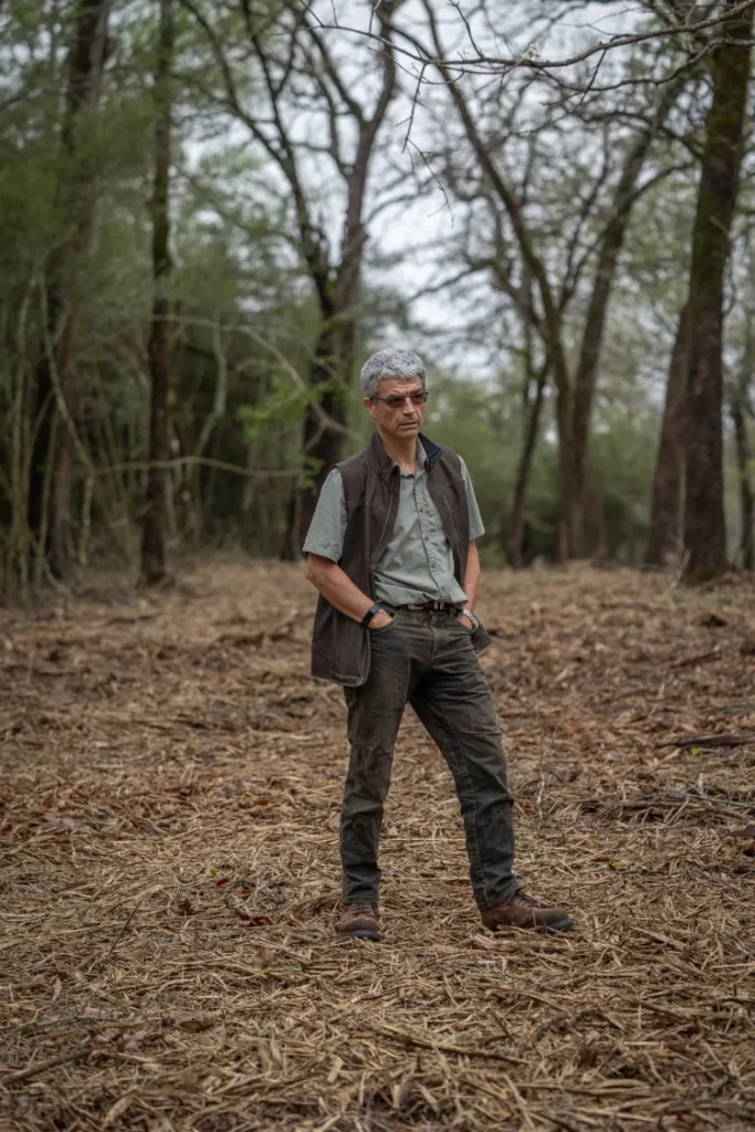 Texas A&M professor José Bermúdez stands in a clearing where machines clawed through a thicket of yaupon, leaving a thick mulch on the ground. The mulch will dry out and be consumed in a controlled burn to restore open space to oak savannah as Bermúdez works to restore his 190-acre property. Julia Robinson for Vox